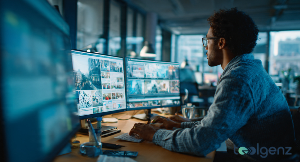 A professional editor working in a dimly lit, modern newsroom, focused on multiple high-resolution monitors displaying various news feeds and editorial layouts.