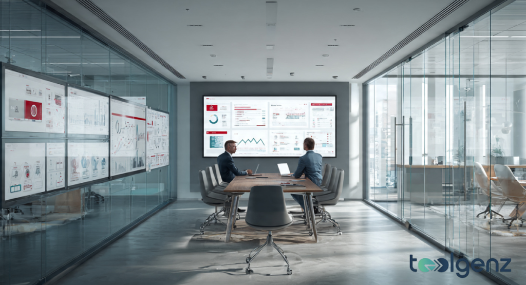 Two businessmen in a minimalist, glass-walled conference room reviewing corporate governance dashboards and transparency reports on a large screen.