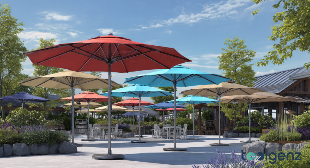 A vibrant display of market umbrellas in red, turquoise, navy, and tan hues creates a festive atmosphere.