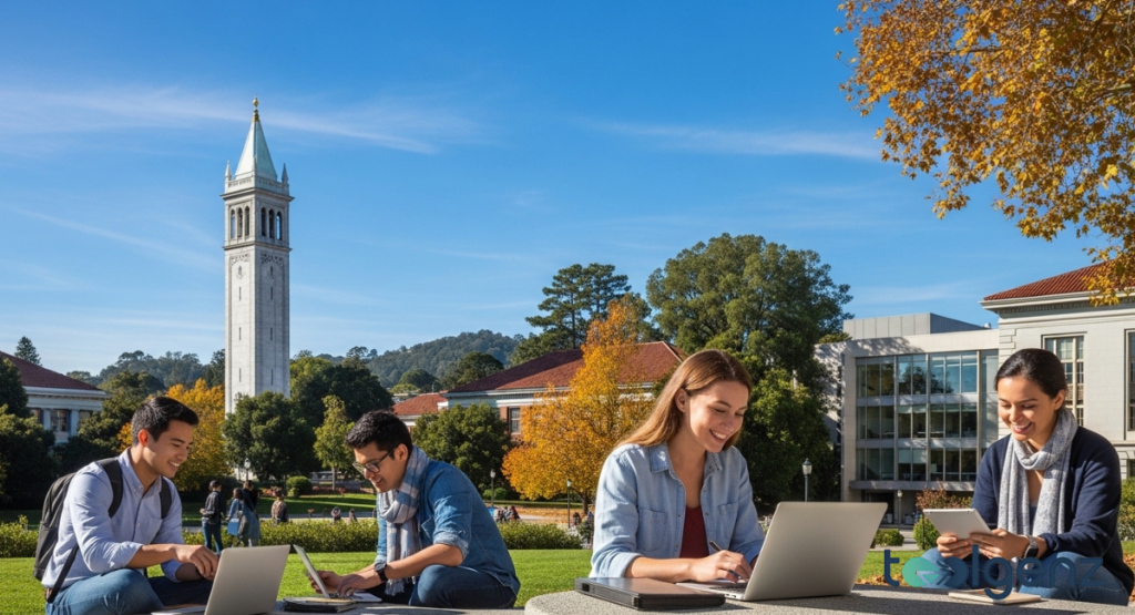 Students collaborate on laptops on a sunny day at the University of California, Berkeley, with the Campanile tower rising in the background. The autumn foliage adds a touch of natural beauty to the academic environment.