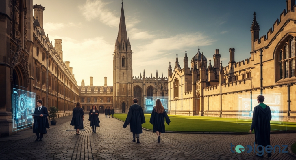 Graduates in gowns walk through a historic European university courtyard at sunset, with Gothic architecture and a towering spire. Holographic displays hint at integrated modern learning.