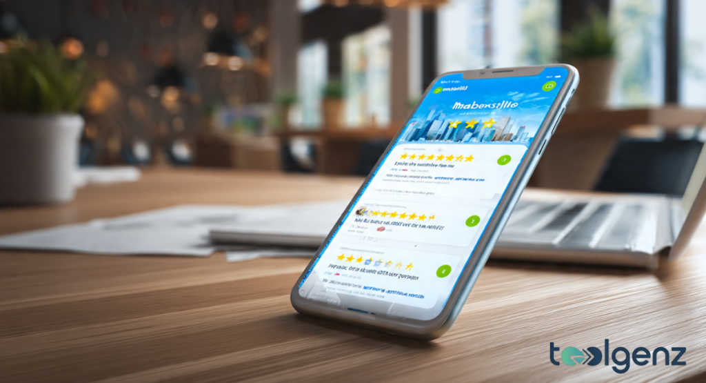 A smartphone standing on a wooden table displaying a five-star rating screen. Below the stars, several positive user testimonials are visible in small bubbles.