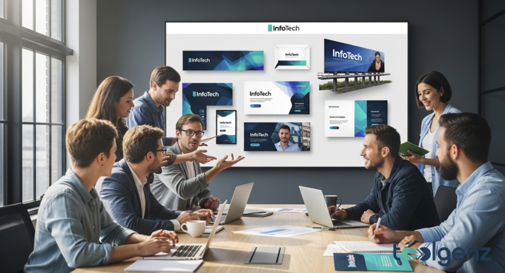 A group of marketing professionals reviews various promotional materials featuring the InfoTech logo, including digital banners, billboards, and mobile ads. The collaborative meeting focuses on strategic placement and consistent application of the brand across different marketing channels.
