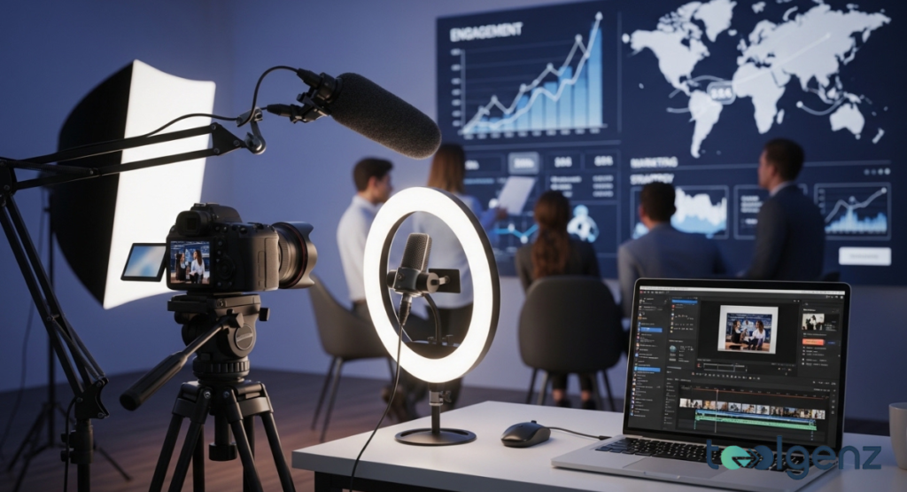 A modern video production setup with a camera, microphone, and ring light in the foreground, aimed at a meeting in progress. In the background, a large screen displays an engagement graph and a world map, indicating a focus on social media and video marketing.