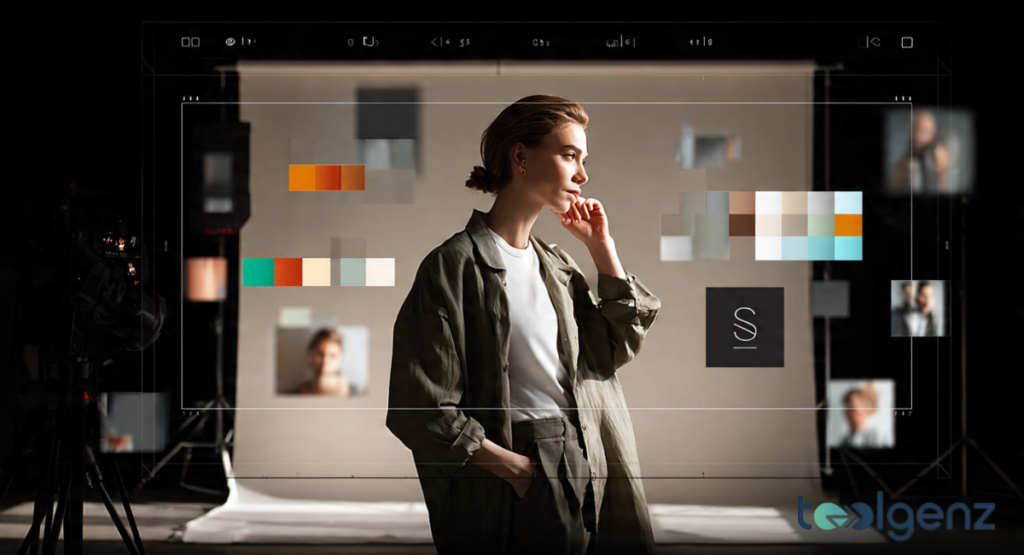 A woman standing in a photography studio surrounded by digital overlays of color palettes. She is contemplating her aesthetic and visual identity.