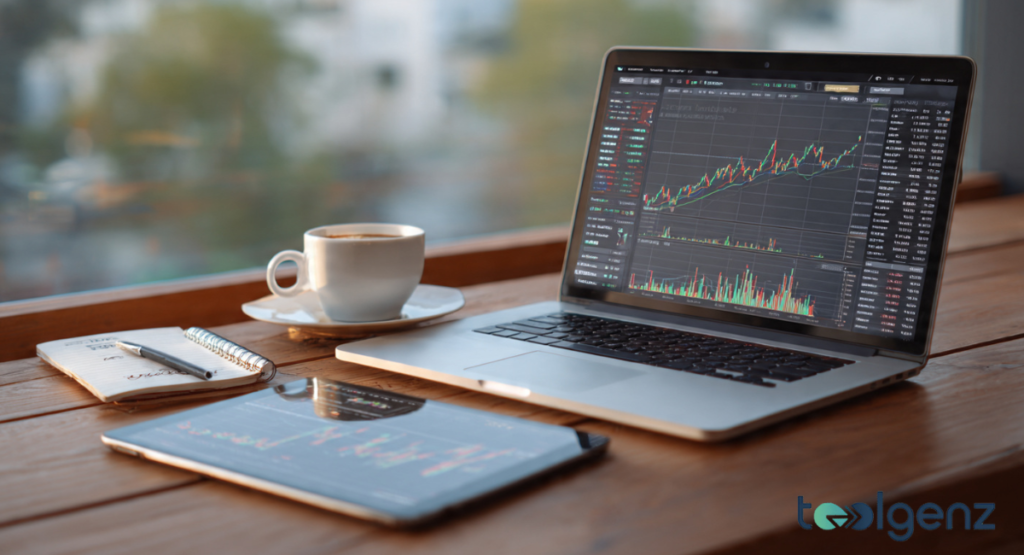 An educational setting featuring a laptop and tablet displaying stock market charts alongside a notebook and a cup of coffee.