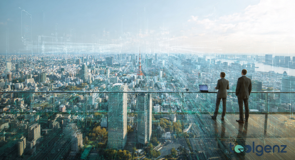 Two individuals stand on a high-altitude observation deck looking out over a digitalized version of the Tokyo skyline at sunset.