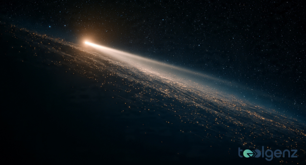 A distant perspective of a comet receding into the dark void, leaving a faint glowing trail over a field of distant stars.