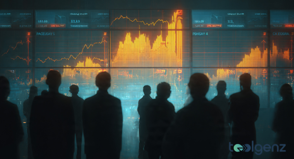 A group of silhouettes watching a giant glowing orange display of financial charts, likely looking for movements in PayPal stock.