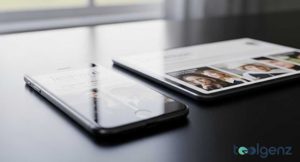 A smartphone and a tablet lie on a dark table, both displaying news content with various faces. The subtle reflections on the screen add depth, emphasizing the sleek design of modern mobile devices.