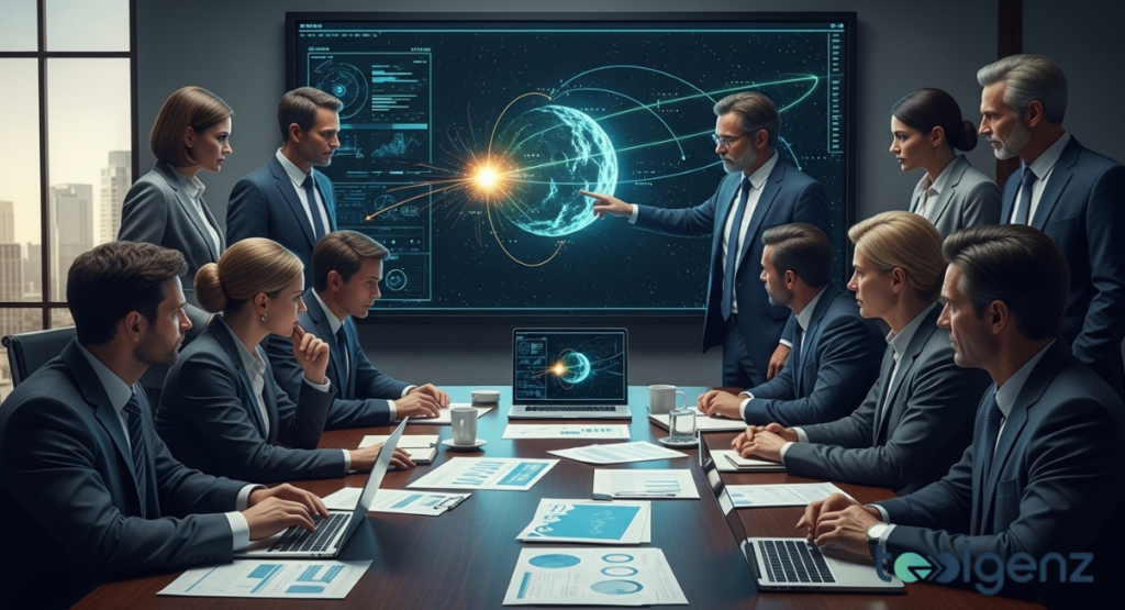 A group of officials in business attire sit around a boardroom table discussing a planetary crisis.