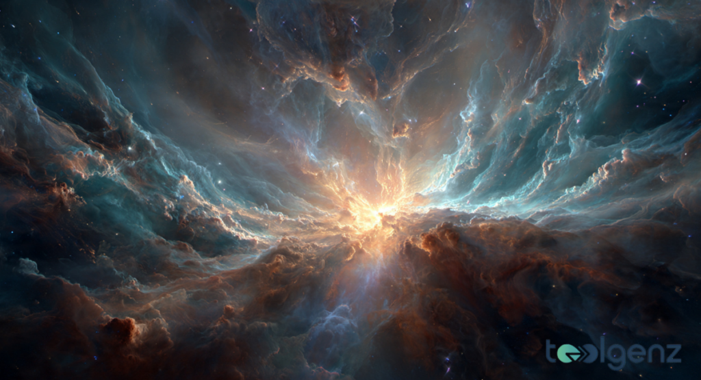 A dramatic cosmic explosion of light radiating from a central core, surrounded by turbulent clouds of brown and blue gas. Sharp beams of light cut through the surrounding nebula, illustrating the violent energy of a stellar death.