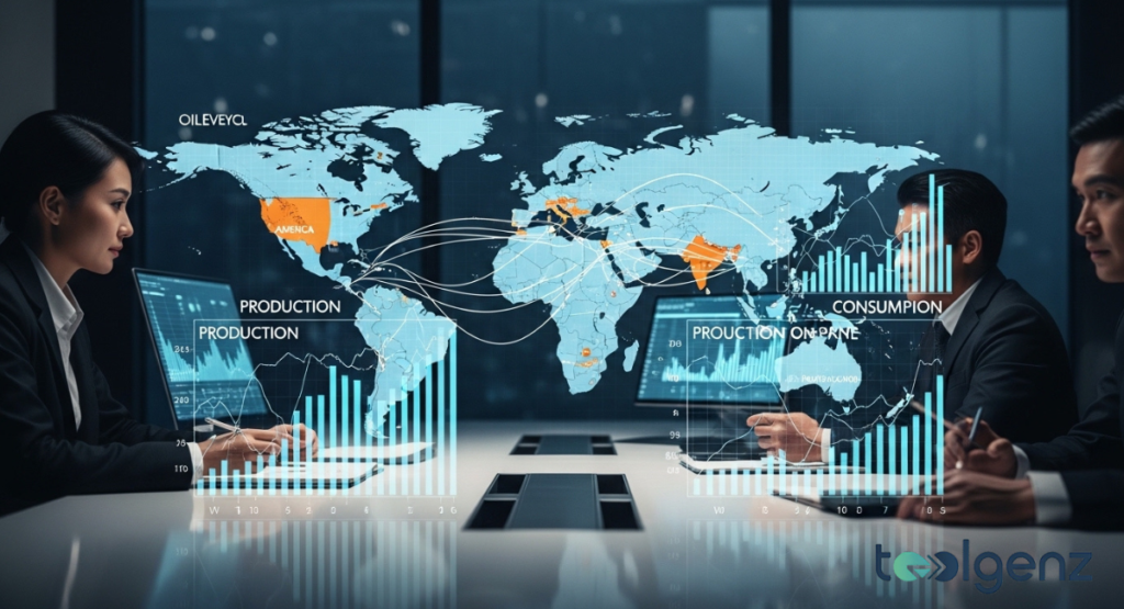 Three business executives analyze a large, interactive table displaying a world map with connected energy grids, and holographic bar charts of oil production and consumption. The complex data visualization illustrates global oil supply and demand dynamics.