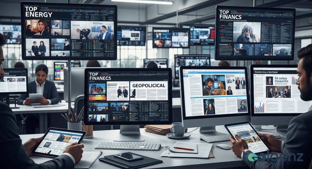 A modern newsroom with multiple computer monitors displaying various news feeds, financial data, and geopolitical headlines. The busy environment suggests a focus on top stories and most-read articles across different sectors.