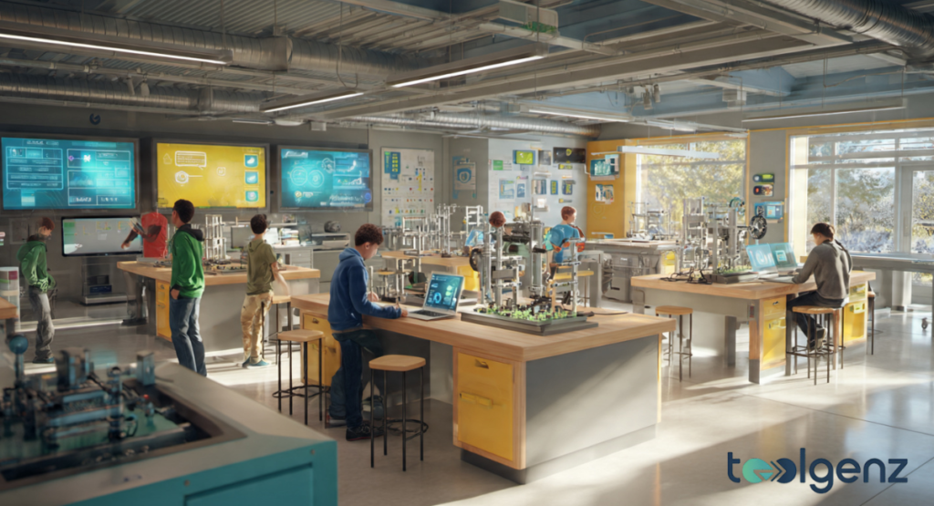 A large-scale innovation workshop where students collaborate on engineering projects.