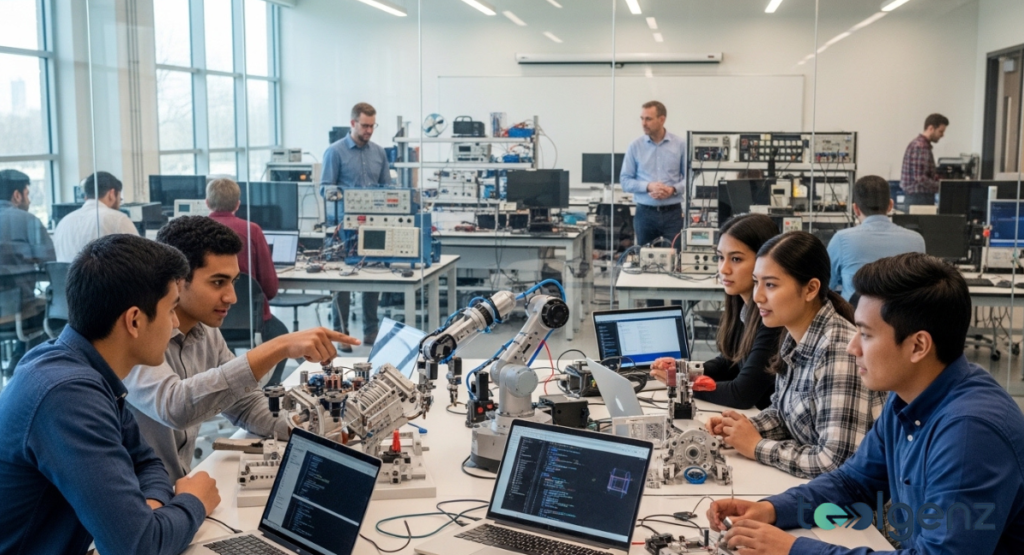 A diverse group of engineering students collaborates around a table in a modern lab, working with robotic arms, circuit boards, and laptops displaying code. The bustling environment suggests hands-on learning and practical application of engineering principles, representing the experience of an American engineering degree.