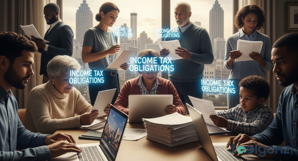 A diverse group of individuals, including adults and a child, are gathered in a modern office setting, surrounded by holographic displays of "INCOME TAX OBLIGATIONS." The scene illustrates who is typically responsible for paying Georgia income tax.