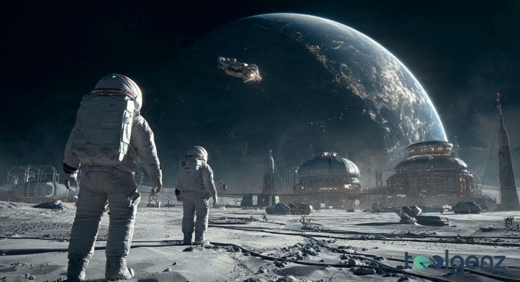 A group of four astronauts in bright orange flight suits walking through a hallway at a space center, representing the crew of the upcoming Artemis II lunar mission.