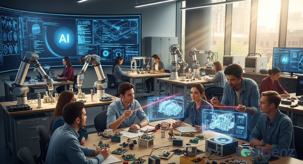 Students in a modern laboratory filled with robotic arms and holographic displays collaborate on advanced technology projects, showcasing an innovative learning environment. This is a leading school for technology.