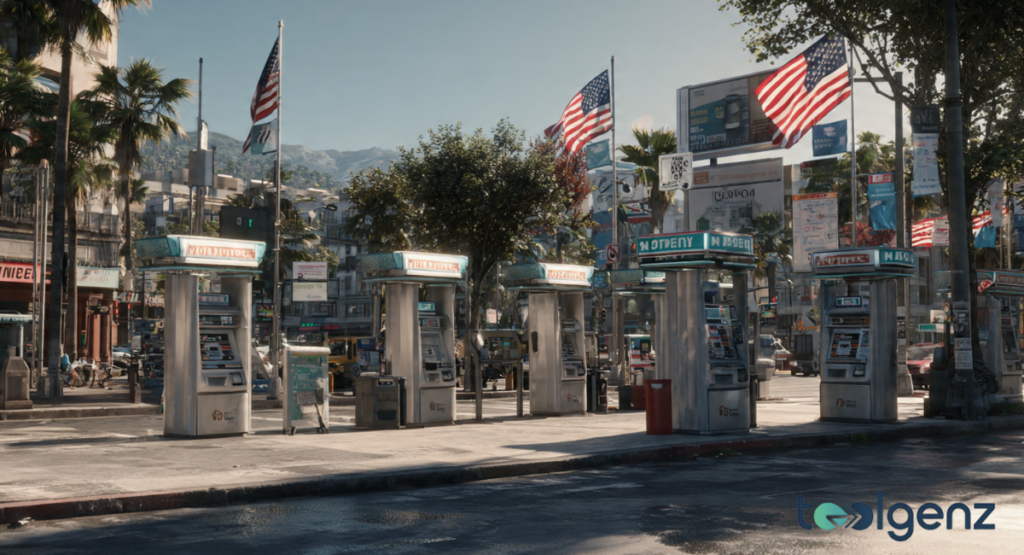 A row of several silver digital currency kiosks stands along a sunny American city street, flanked by palm trees and United States flags waving in the background.