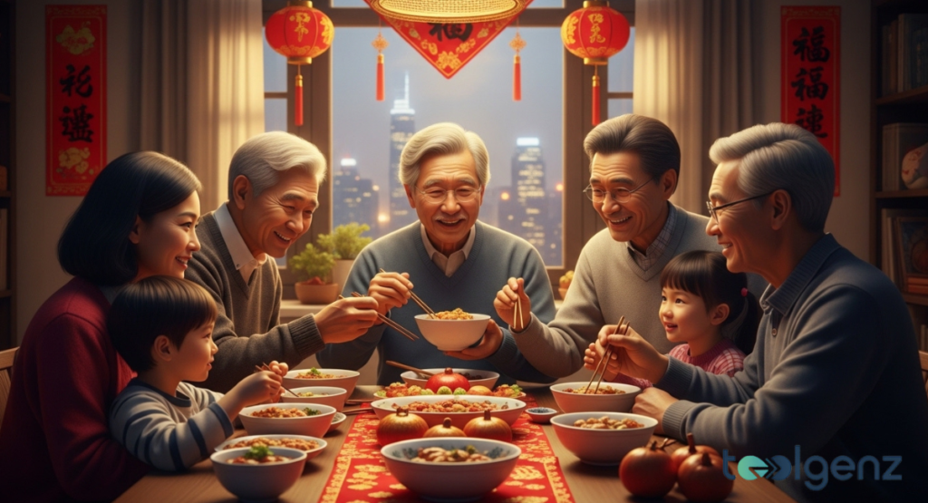 An elderly man and his family share a meal together in a high-rise apartment overlooking a city. Traditional red decorations and lanterns frame the window to create a cozy atmosphere.