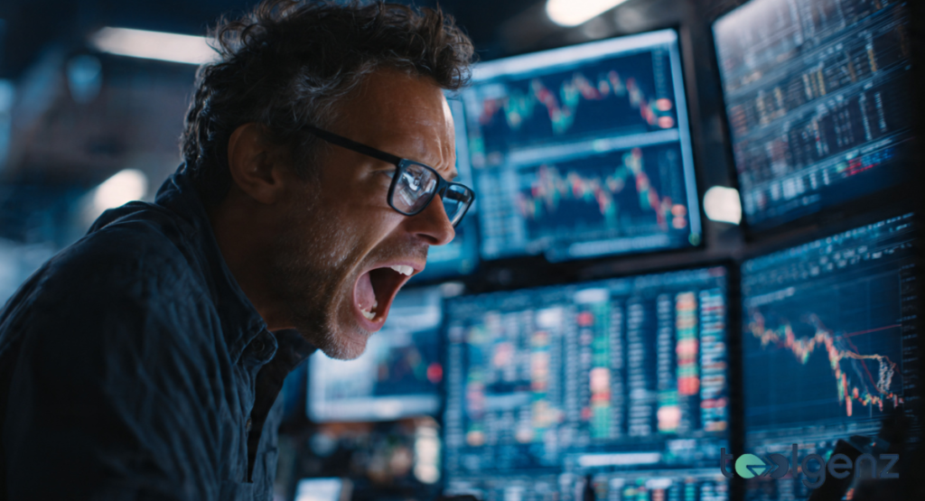 A news alert graphic explaining the factors behind the current share price movement. The text points to a drop in crypto revenue as a primary driver for the dip.