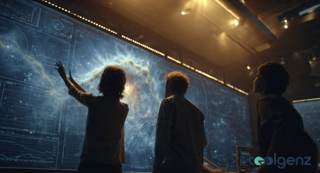 Three scientists stand in a darkened mission control room, pointing at a massive digital screen displaying a detailed nebula. Complex data charts, orbital paths, and telemetry graphs surround the central celestial image on the display.