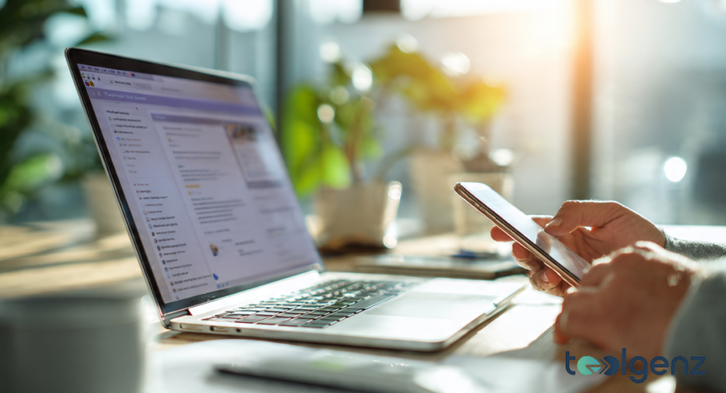 A person holding a smartphone while sitting at a desk with an open laptop, synchronizing digital information.