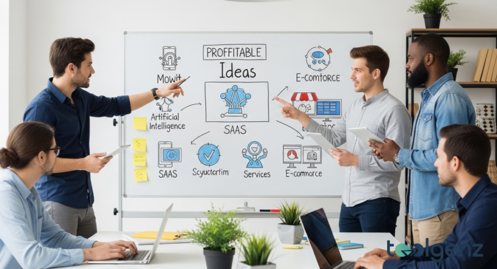 A diverse team of professionals presents "PROFITABLE Ideas" on a whiteboard, featuring various tech concepts like SAAS, AI, and E-commerce. This collaborative brainstorming session reveals potentially the Best Technology Business ideas for beginners.