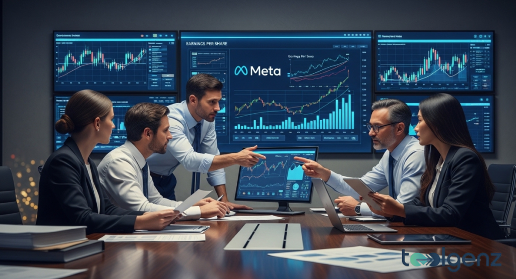 Four executives discuss earnings around a table as screens show the Meta logo and rising charts labeled “Earnings Per Share.”