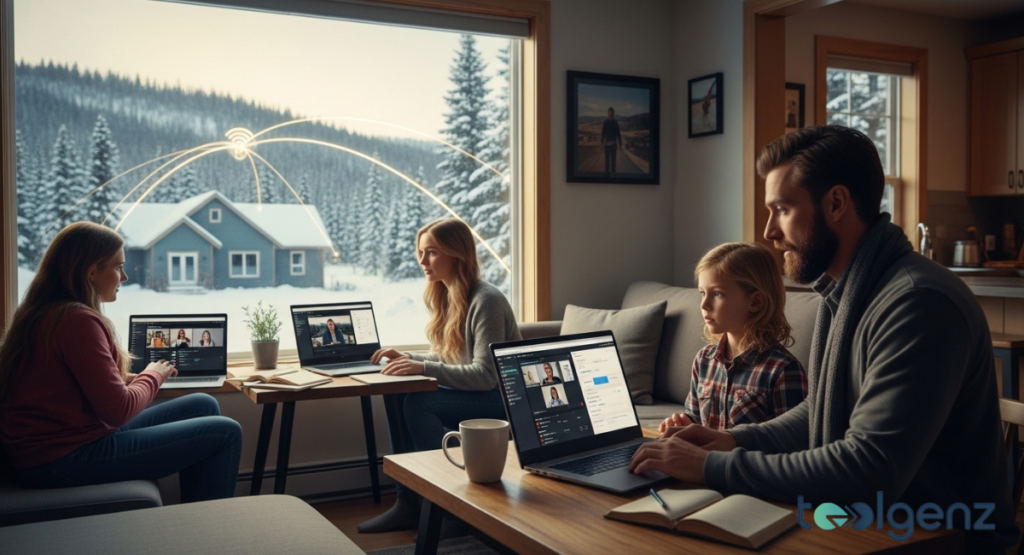 A family works and learns from home in a snowy landscape, connected by a glowing Wi-Fi network. Parents and children use laptops for calls and studies, emphasizing internet as a life necessity.
