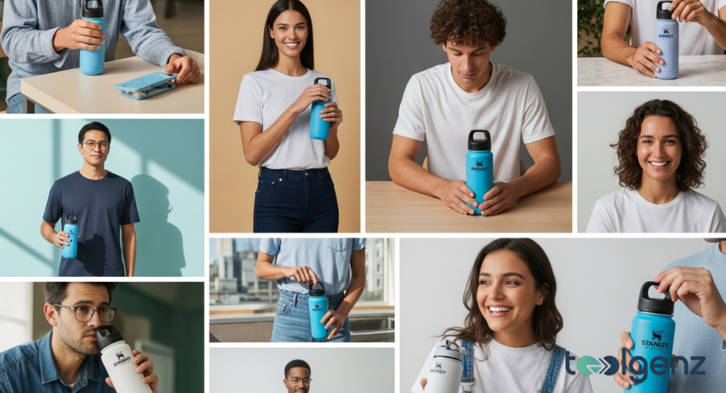 A grid of portraits shows diverse people holding colorful reusable bottles in casual settings. Each frame highlights hands opening, drinking, or posing with matte-finished drinkware.