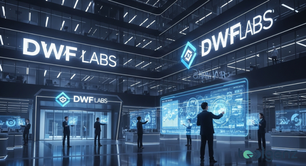 People interact with large holographic screens inside a modern atrium labeled DWF Labs, with bright DWF Labs signage illuminating the multi-level glass building.