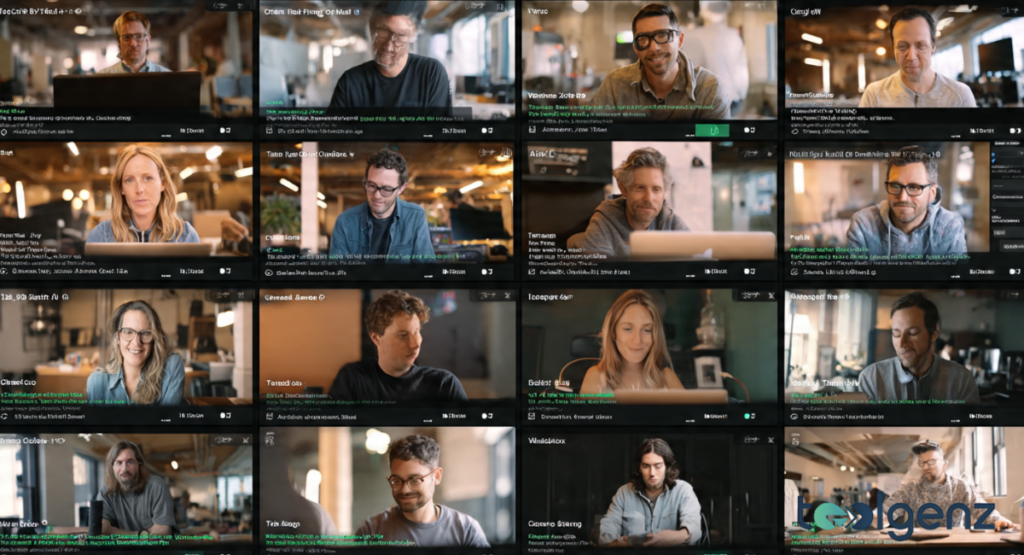 A grid of diverse individuals, likely authors or contributors, each in their own video conference window. They represent a range of ages and backgrounds, all looking engaged.