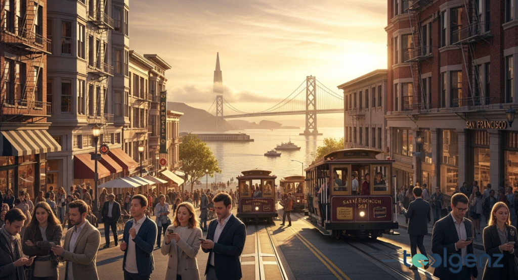 A scenic street view in San Francisco with historic cable cars, people, and the Golden Gate Bridge in the distance. The sunny cityscape captures the vibrant atmosphere and iconic landmarks of the city.