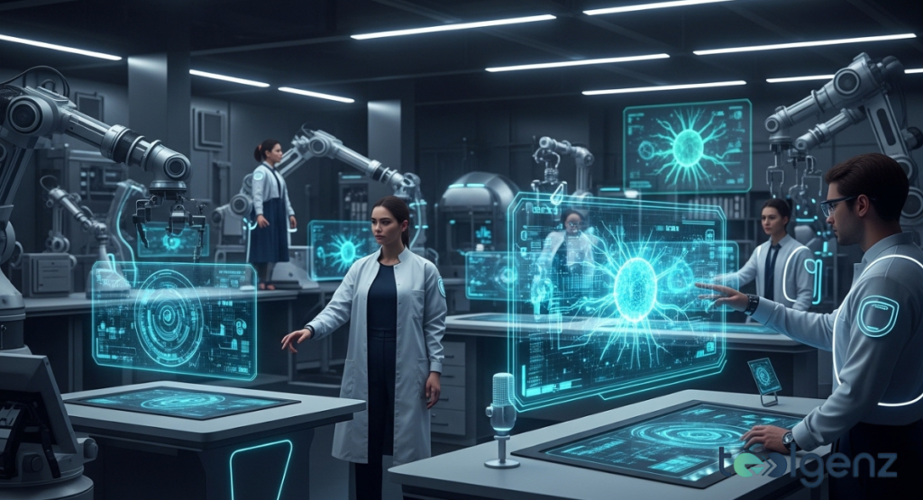 Researchers interact with floating holographic interfaces in a high-tech lab with robotic arms and glowing neural network visuals.