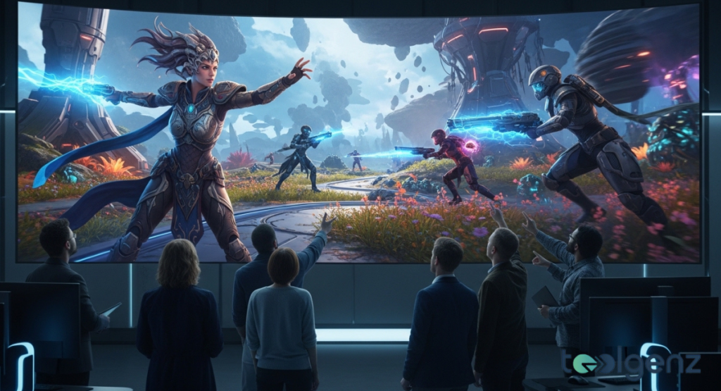 A massive curved screen shows a sci-fi battle with armored heroes firing energy weapons. Six viewers stand in front, pointing and discussing the scene in a high-tech review room.