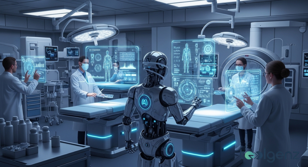 Futuristic operating room where clinicians and a humanoid robot review holographic anatomy. Floating panels display vitals, scans, and surgical data under bright lights.