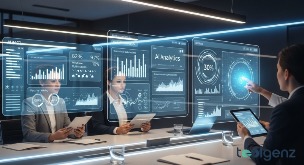 Business professionals in a boardroom analyze AI-driven analytics on holographic displays, showcasing workflow optimization and decision-making data. The focus is on leveraging intelligent platforms to enhance enterprise strategy.