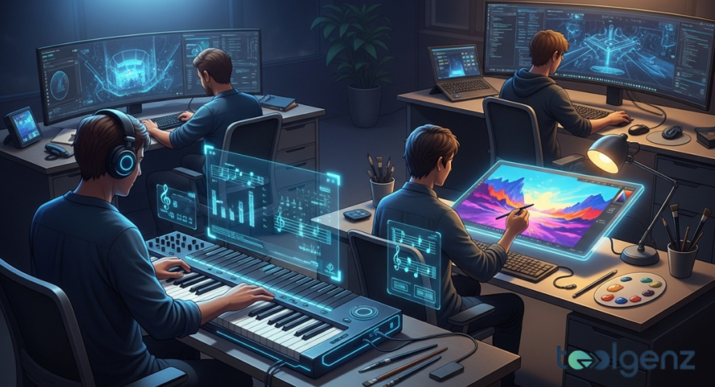 Four creators work at curved monitors, composing music, painting digital art, and designing game levels. Holographic notes and concept art float above their desks in a dim studio.
