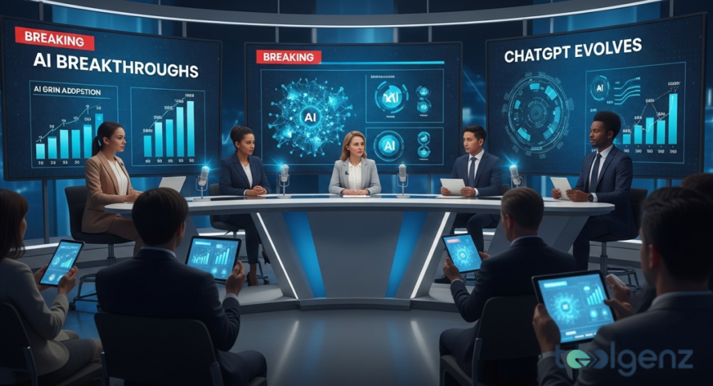 Panelists sit at a curved desk in a news studio with “AI Breakthroughs” screens. Audience members hold tablets displaying charts and neural graphics.