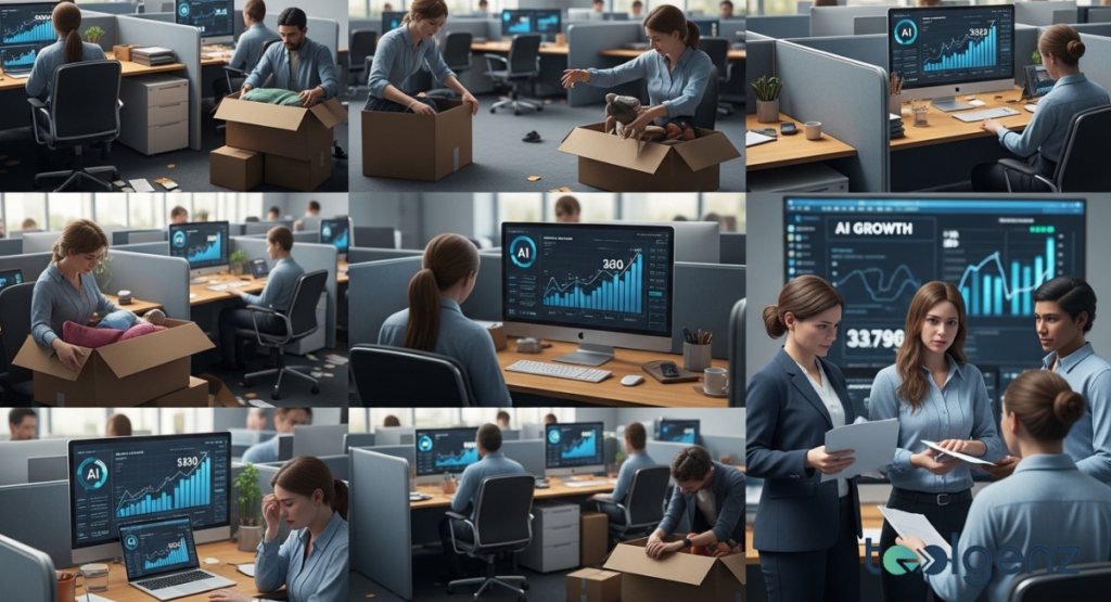 Collage of office workers packing personal items into boxes while colleagues monitor AI growth charts on monitors; includes keyword Meta layoffs.