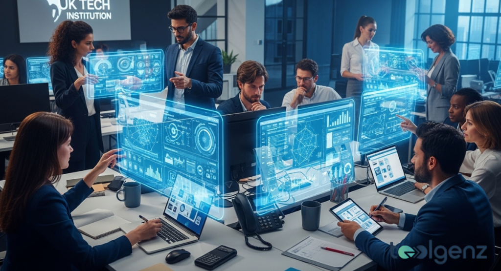 Diverse team collaborates around desks with floating holographic analytics panels in a modern newsroom. A “UK TECH INSTITUTION” logo appears on a screen as colleagues discuss data visualizations and network graphs.