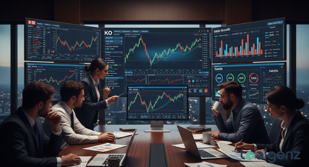 Five professionals study large wall screens showing stock tickers, candlestick charts, and sales growth visuals in a dark boardroom.