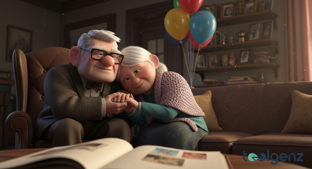 An elderly couple sits close on a couch, holding hands beside colorful balloons. A photo album lies open on the table in a warmly lit living room.