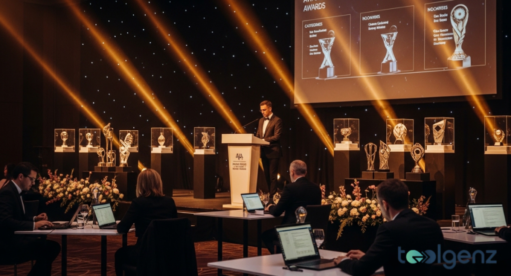 A sophisticated awards ceremony hall with a speaker at a podium and numerous trophies on display. Attendees sit at tables, some with laptops, as a large screen shows award categories and nominees.