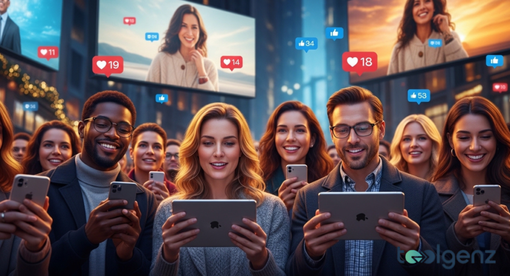 Smiling people hold phones and tablets while floating like and heart icons appear. Large screens behind them display portraits amid city lights.