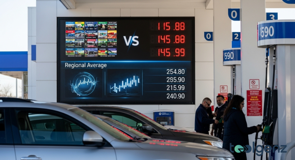 A gas station price board displaying comparative fuel costs and regional average charts. The large digital screen shows different fuel prices side-by-side with data visualizations.