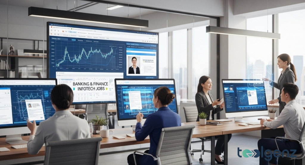 Fintech team reviewing market charts and candidate cards on multiple large monitors. A presenter gestures toward holographic UI while colleagues discuss roles.Screens show profiles and hiring dashboards for infotech jobs across entry-level and remote roles.