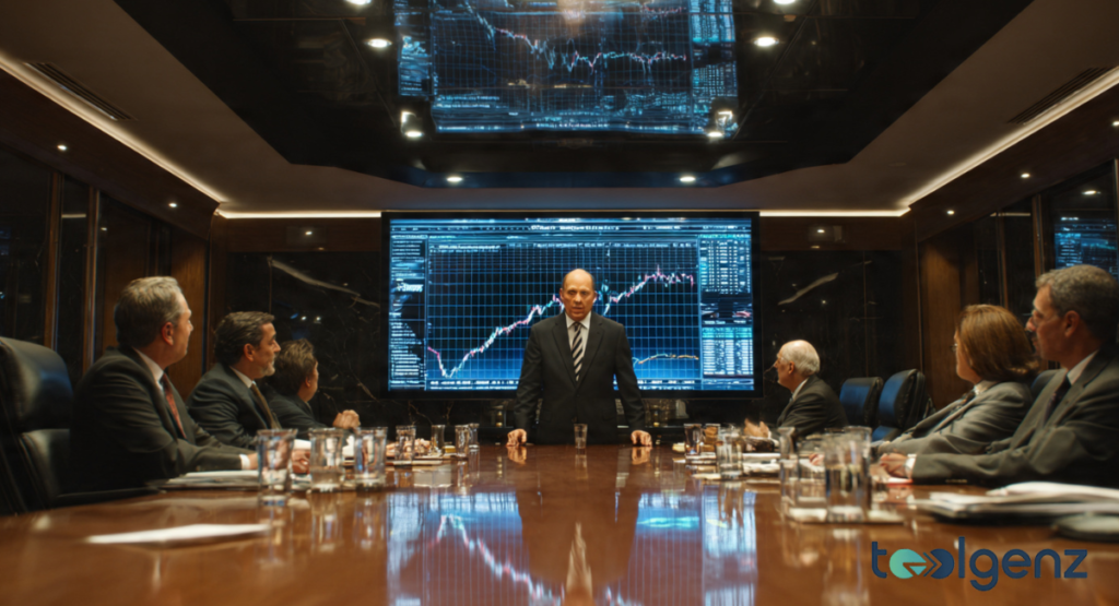 A bald man in a suit, resembling Lloyd Blankfein, stands at the head of a boardroom table, commanding attention. Behind him, a large screen displays complex stock market graphs, illustrating his rise to Goldman Sachs CEO.